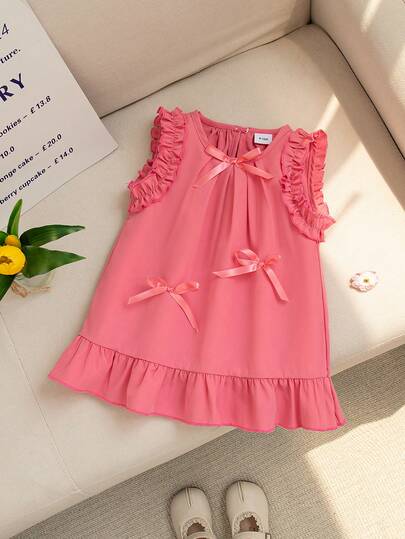 Baby Girl Cute Vacation Style Watermelon Color Ruffle Trim Bowknot Sleeveless Dress, Summer