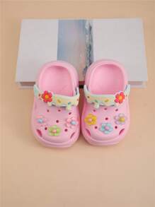 1 Pair White Round Toe Floral Decor Princess Style EVA Soft Material, Waterproof Anti-Slip Lightweight Breathable Flat Baby Sandals, Suitable For Summer Beach & Outdoor
