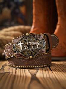 1 pieza Cinturón de estilo vaquero occidental bohemio unisex con hebilla con diseño de animal, marrón oscuro vintage, informal para todas las estaciones
