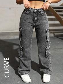 Quần jeans cargo nữ cỡ lớn với túi nắp bên hông, phong cách tối giản, thoải mái, thích hợp mặc hàng ngày, mùa xuân. - Xám - Xem 2