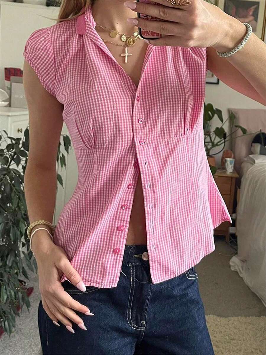 Women Plaid Shirt, Short Sleeve Button Closure Summer Tops Streetwear For Casual Daily - Pink - View 1