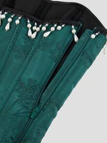 1 chiếc áo corset ôm sát không dây, gợi cảm, màu xanh lá cây thanh lịch, sang trọng, điểm xuyết vòng eo đính ngọc trai, phù hợp cho tiệc tùng, nhập vai, ngày Valentine, lễ hội âm nhạc. - Màu xanh lá cây đậm - Xem 8