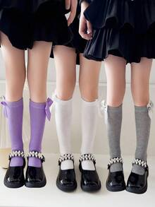 3 双女童蝴蝶结装饰及膝袜，弹性舒适透气，宝宝休闲节日生日派对日常穿着，四季皆宜