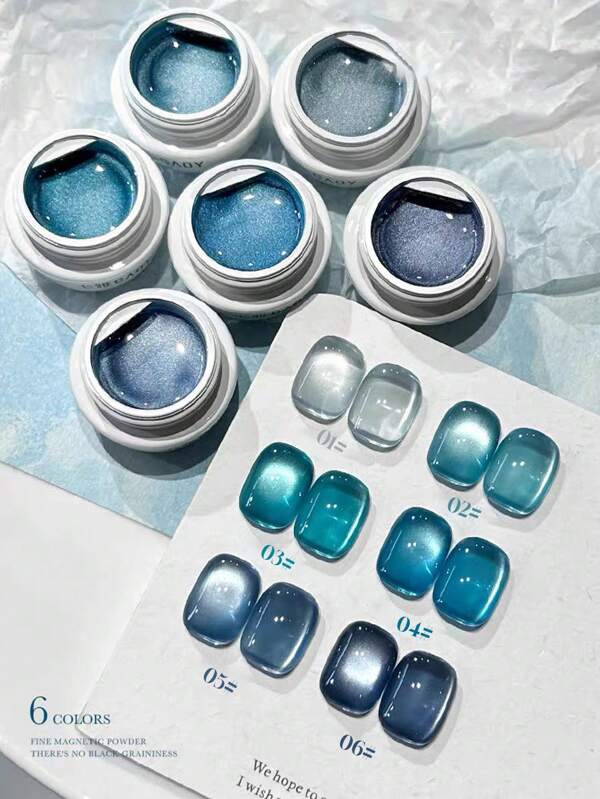 6PCS 2025 New Fruit Sea Water Blue-Green Fine Magnetic Powder Cat Eye Gel Nail Polish 12ml, Spring And Summer Ice Transparent Magnetic Nail Art Set, Includes Base Coat And Top Coat, Requires UV Lamp, Holographic Transparent Colors For Work/Commute/Dating, Hot-Selling 6-Color Set, Salon-Grade 28-Day Durability, Internet Celebrity Nail Design.