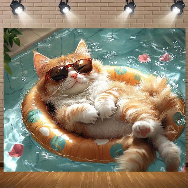 1 Fun Pool Cat Banner, Equipped With Fashionable Glasses And Inflatable Lifebuoys - A Magical Orange White Cat In The Water, Suitable For Indoor And Outdoor Activities, Courtyard And Garden Celebrations Decoration | Fun Patterns | High-Quality Background