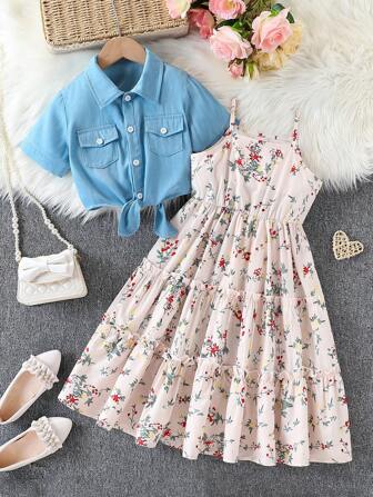 可爱少女两件套服装，短袖蝴蝶结上衣 + 碎花吊带裙 - 春夏户外服装、少女套装、礼物