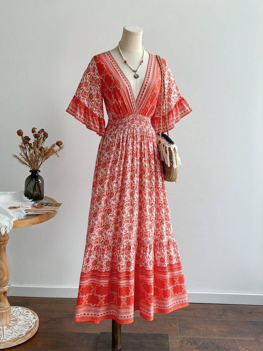 Rusttydustty Women's Blue Floral Print Crossover V-Neck Flare Sleeve Dress, Boho Music Festival Beach Outfit, Tropical Vacation Elegant Summer - Orange - View 1