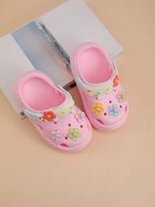 1 Pair White Round Toe Floral Decor Princess Style EVA Soft Material, Waterproof Anti-Slip Lightweight Breathable Flat Baby Sandals, Suitable For Summer Beach & Outdoor