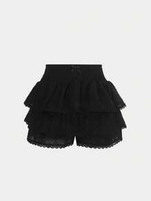 European And American Women's Summer New Ruffle Solid Color Lace Fluffy High Waist Versatile Skirt - Black - View 1