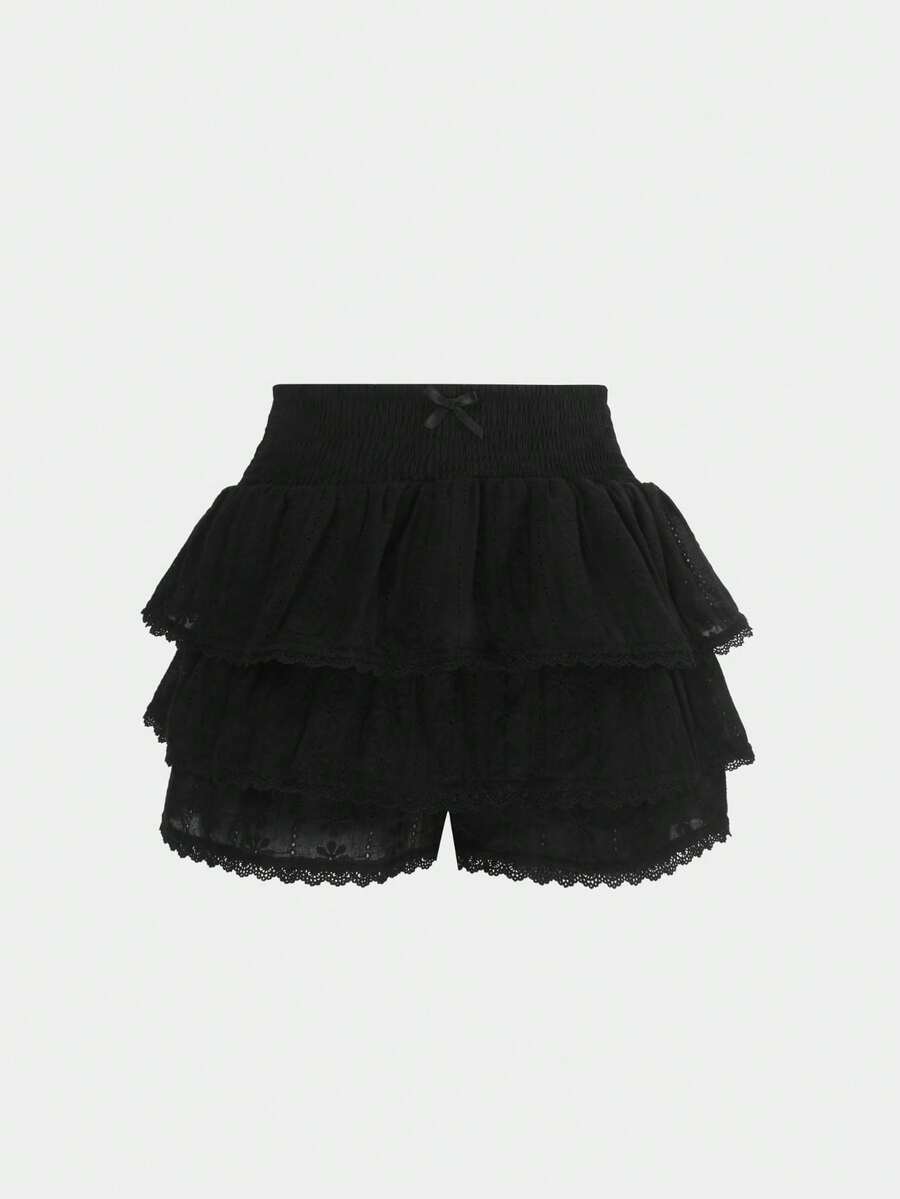 European And American Women's Summer New Ruffle Solid Color Lace Fluffy High Waist Versatile Skirt - Black - View 1