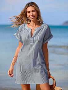 Women's Summer Striped Loose Casual Beach Vacation Coverup - Black - View 5