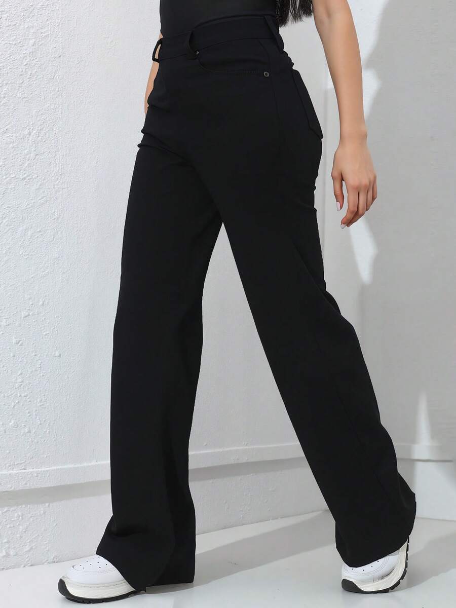 Pantalones jeans de campana con decoración de cadena azul claro, perfectos para estilo casual y eventos - Negro - Ver 1