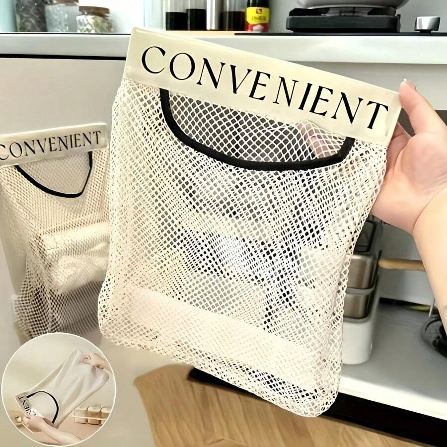 Large Capacity Mesh Storage Bag, Wall Mounted Hanging Organizer Box, Reusable Home Door Storage Net Bag, Breathable Minimalist Design For Kitchen Tool Organization, Kitchen Garbage Bag Holder, Storage Hook-And-Loop Net Pocket