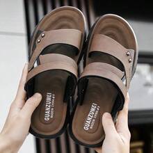 New Solid Color Casual Hollow Out Slippers For Men, Casual Strap Beach Sandals Summer Outdoor - Khaki - View 7