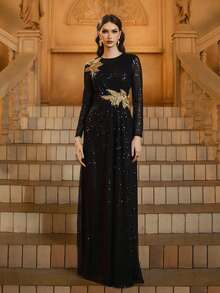 Black Sequin Round Neck Embroidered Prom Dress, Modest - Black - View 8