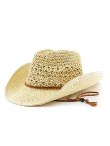 1 件时尚手工编织巴拿马牛仔草帽，波西米亚风海滩太阳帽，防紫外线，防风休闲帽，适合海边