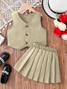 2 piezas Conjunto de niña de verano con cárdigan casual de unicolor abierto + Top camisa + Mini falda plisada negra simple, Atuendo de uso diario, Juvenil y Vibrante