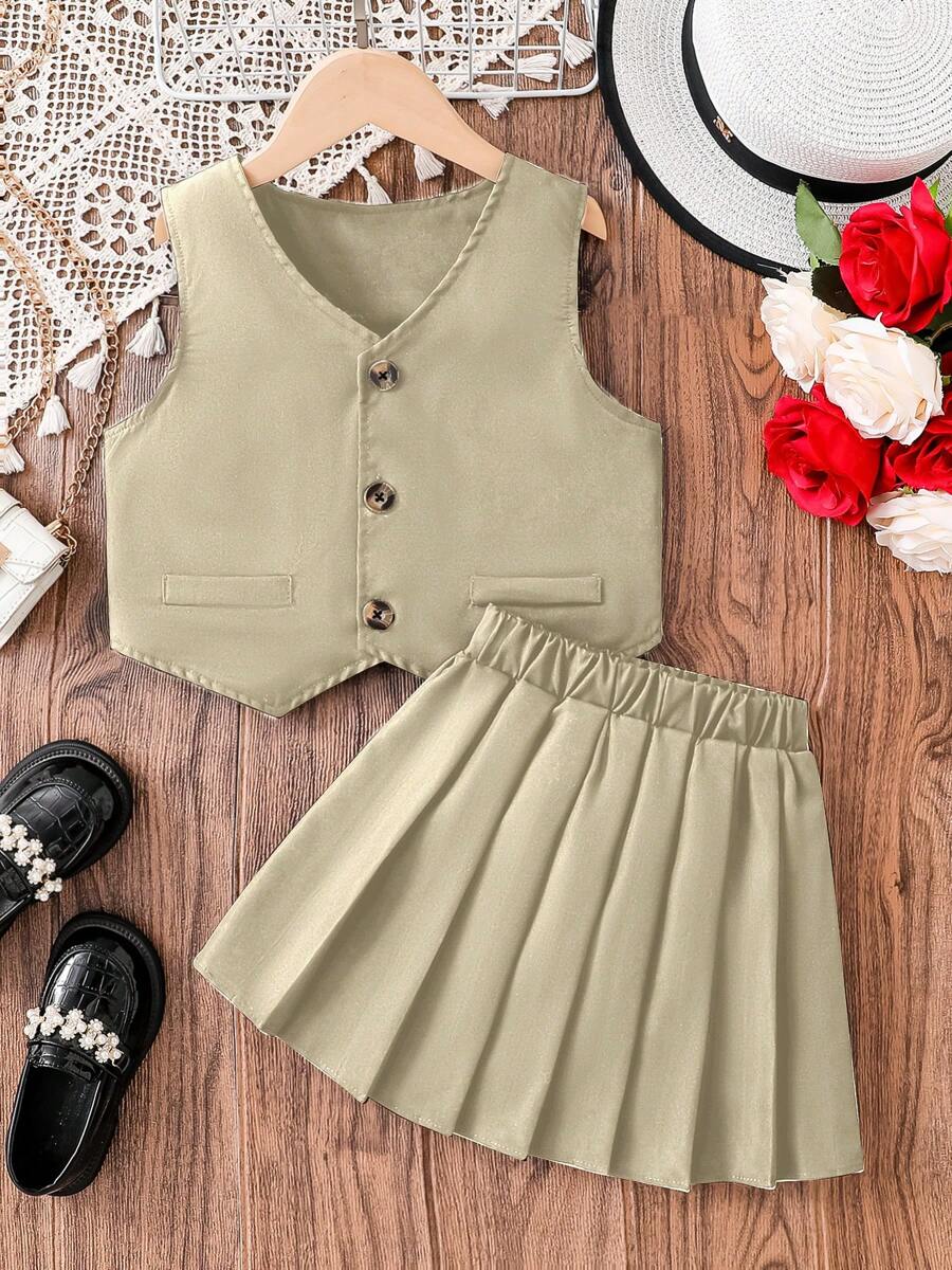 2 piezas Conjunto de niña de verano con cárdigan casual de unicolor abierto + Top camisa + Mini falda plisada negra simple, Atuendo de uso diario, Juvenil y Vibrante