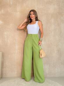 YING ZI Stone Mode Formal Tailored Wide Leg Trousers - Olive Green - View 5