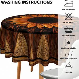 70" ronde tafelkleed met zonnebloem- en houtnerfmotief, polyesterstof voor eetkamer, woonkamer, keuken, picknick in de buitenlucht en feesttafeldecoratie