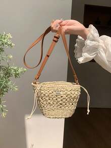 Summer 2025 New Women Woven Bag, Casual Vacation Style Straw Bag, Mini Handbag Shoulder Crossbody Bag - Apricot - View 4