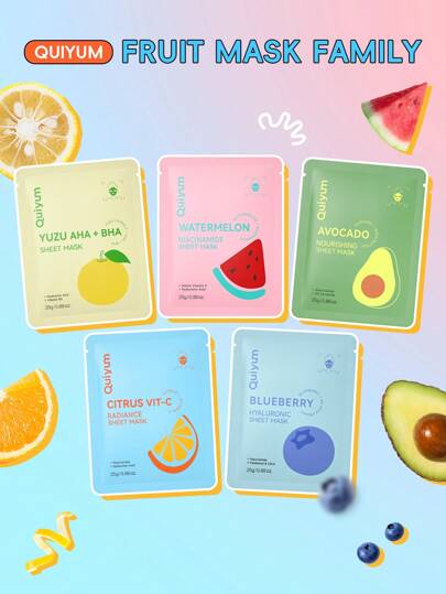 QUIYUM 1 Set Quiyum Fruit Facial Mask, Watermelon, Citrus, Grapefruit, Blueberry, Avocado, Moisturizing Facial Mask And Adult Moisturizing Facial Mask Are Suitable For Travel