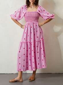 Women Floral Embroidered Maxi Dress Long Puff Sleeve Square Neck Bohemian Flowy Dress With Pockets Smocked Sundress - Hồng - Xem 1