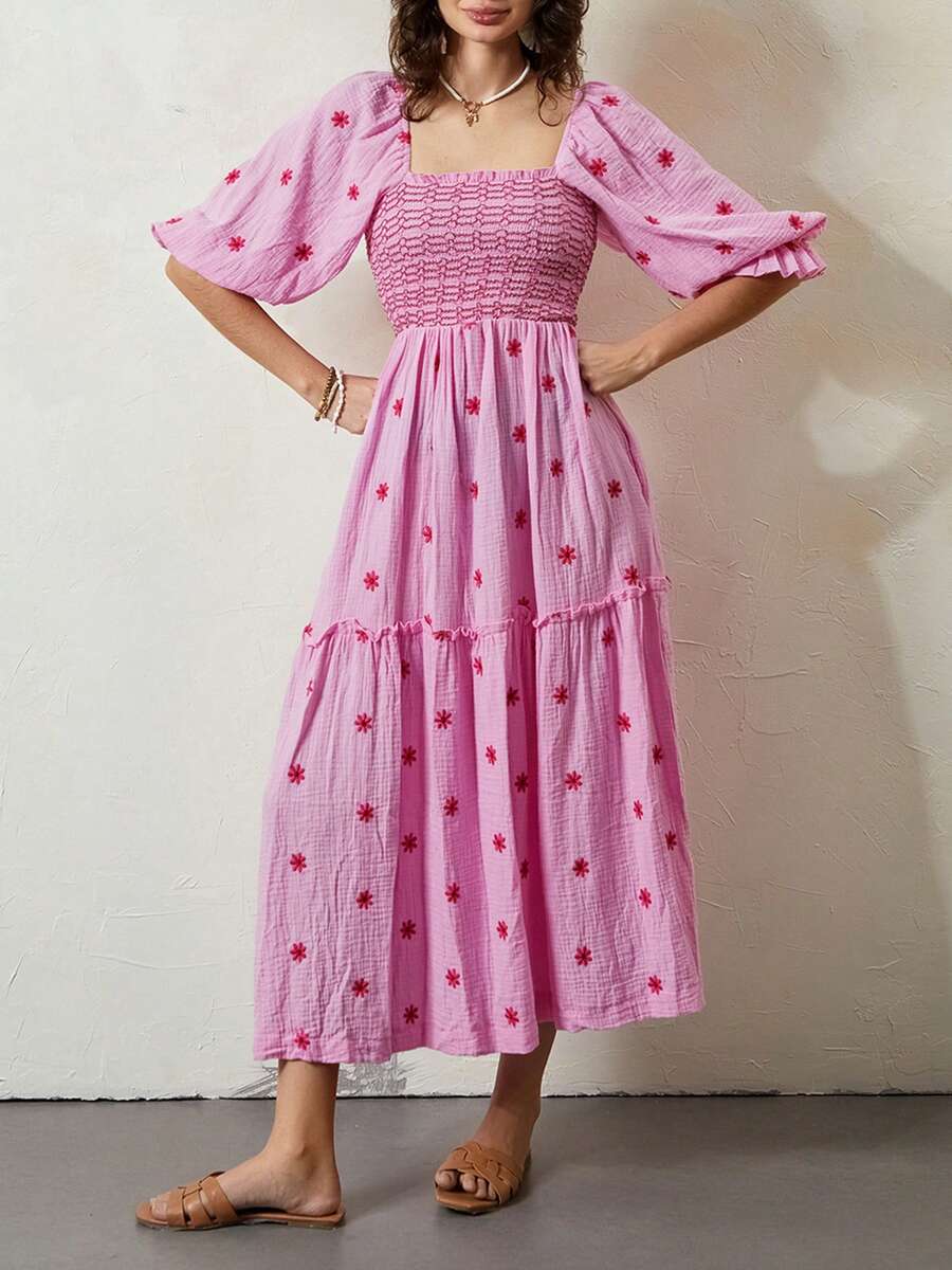 Women Floral Embroidered Maxi Dress Long Puff Sleeve Square Neck Bohemian Flowy Dress With Pockets Smocked Sundress - Hồng - Xem 1