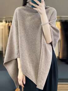 1 pièce Poncho en laine de mérinos 100% pour femmes, châle ample tricoté avec col roulé, cape asymétrique surdimensionnée