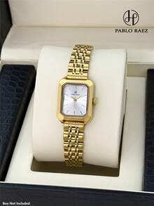 1pc Pablo Raez 18K Gold Plated Women's Wrist Watch, Elegant Stainless Steel Watch, Rectangular Accessory, Luxury Jewelry, Original Design, Charming, Silver Gold Plated, Non-Fading, Women's Formal Wrist Watch, Thick Steel Bracelet, Square Case, Top-Grade New AAA Design, Quartz Retro Wrist Watch, Business, Dream, Graduation, Wedding Gift - Gold - View 2