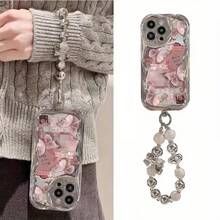 Electroplated Silver Curved Edge Pattern Mobile Phone Case With Pearl Bracelet Lanyard Design, Anti-Fall, Durable, Unique Pattern, Compatible With IPhone 16 15 14 13 12 11 Pro Promax 16 15 14 Plus Cute Fashion Thickened Shockproof Mobile Phone Case - 混合顏色 4 - 查看 4