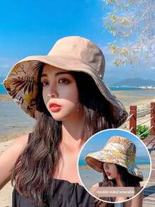 1pc Outdoor Wide Brim Sun Hat, Double-Sided Floral Pattern Reversible Sun Protection Beach Hat, UV Protection Bucket Hat