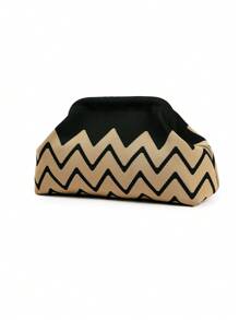 Bolso de embrague de punto a rayas y parches de moda, bolsa de maquillaje con estructura duradera y patrón ondulado de punto, bolsa de almacenamiento elegante para exteriores, bolsa de playa de vacaciones, bolsa de fiesta y noche, artículos de viaje portátiles de uso diario