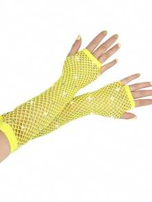 Guantes de red de pesca para adultos con rhinestones, guantes sin dedos cortos/medianos de colores elásticos para novias, fiestas y eventos, verano, viajes, festivales - Diamante largo y caliente - Ver 13