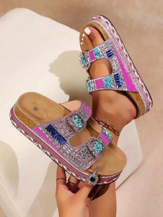 Thick Sole Rhinestone Beaded Slip-On Sandals, Fashion Holiday Outdoor Wear