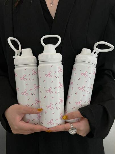 BENNY 1pc 600ml/20.29oz Bowknot Rose Flower Stainless Steel Cup , Bowknot Water Bottle,Sports Water Bottle, Original Stainless Steel Double Wall Vacuum Insulated Tumbler, Thermal Mug, Travel And Outdoor Cup, Gym And Sports Cup, Flat Bottom Cup, Car Cup, Drinkware For Winter And Summer, Holiday Gift