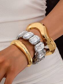 3 件/1 套简约几何波浪竹节形不对称金属手镯套装，适合女性，厚哑光金属和锌合金材质 - 明亮 - 查看 15