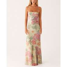 Women Long Dress Floral Print Sleeveless Cami Dress Summer Cross Tie-Up Backless Fashion Spaghetti Strap Dress - 米色 - 查看 3