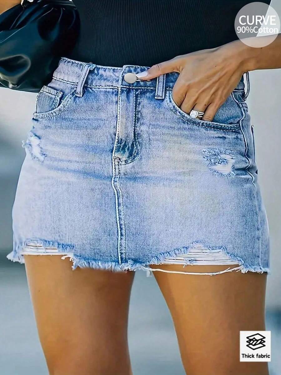 女士不对称破洞牛仔裙，时尚百搭，适合夏季休闲穿着