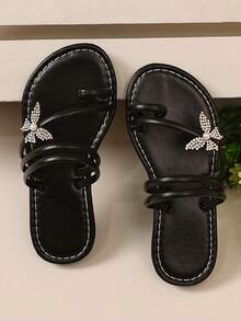 1 par de sandálias pretas da moda para bebês/meninas, tira de PU de cor sólida com fivela de strass colorido brilhante, decoração de borboleta, bico aberto, sola plana, confortável e luxuosa, adequada para uso casual diário, festas, viagens, primavera/verão - Preto - Ver 5