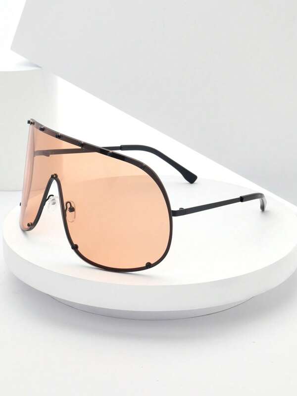 1pc Oversized Metal Full Rimmed Face Mask Fashion Glasses, Elegant Rivet Decor Casual Cute Women Fashion Retro Bohemian Glamorous Party Glasses, Rhombus Shape, Silver Color, Suitable For All Seasons