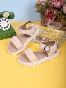 1 par de sandalias casuales para niñas con diseño tejido y suela gruesa y suave, adecuadas para niñas de 3 a 15 años, para uso en exteriores, escuela, hogar, playa, vacaciones