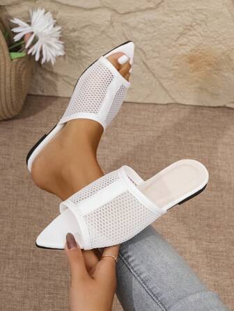 全新尖头网眼夏季性感女士拖鞋，系带白色渔网舒适加大码女士平底凉鞋
