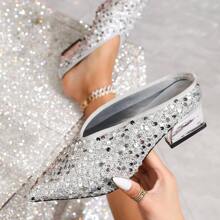 Pointed Toe Silver Sequin Material Mule Slippers, V-Cut Mid Heel Sexy Party Pumps, Versatile Vintage Grandmother Style High Heel Shoes For Women