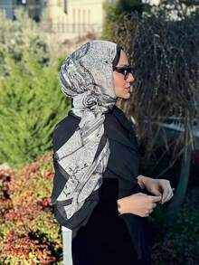 黑色复古佩斯利花纹腰果印花围巾，仿丝领巾，休闲头巾，母亲节礼物，适合搭配长袍和连衣裙 - 黑色 - 查看 3