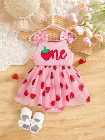 Newborn Baby Girl Cute Strawberry Theme Dress, Spring/Summer New Arrival, Suitable For Newborn Infants, Suitable For Spring/Autumn Outdoor Play Or Daily Wear, A Versatile Comfortable & Adorable Outfit