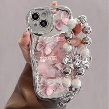 Pink Butterfly Newspaper Pattern, Equipped With Pearl Bracelet Lanyard, New Fashionable Design, Unisex High-End Protective Hard Case Suitable For 16, 15, 14, 13, 12 11 Pro Max/ Pro/ Plus Phone Cases.