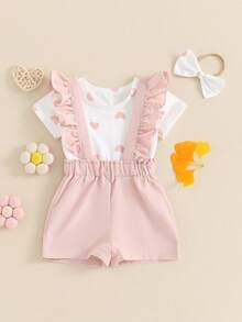 Conjunto de 3 piezas de ropa de verano para niña, con estampado de corazones, mameluco de manga corta, volantes, tirantes, pantalones cortos, diadema - Blanco - Ver 3