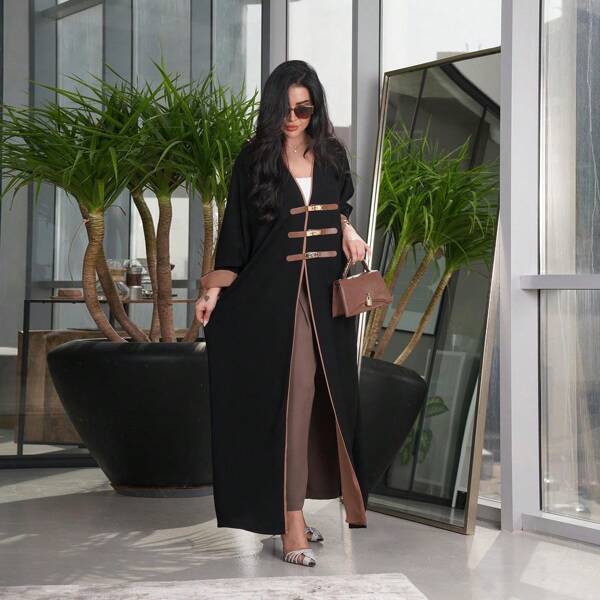 Solid Arab Gowns Women Abaya Women's Gowns Simple Fashion Cardigan Leather Buttons Abaya Matching Gowns, Modest Robe