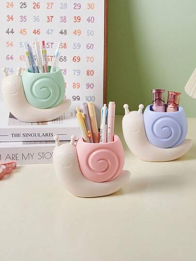 1pc Cartoon Snail Desktop Pen Holder, High-Aesthetic Stationery & Makeup Brush Storage Box, For Office, Kids & Adults